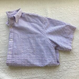 LL Bean Shirt Mens 2XL Plaid Pink Blue Seersucker Short Sleeve Button Up Cotton